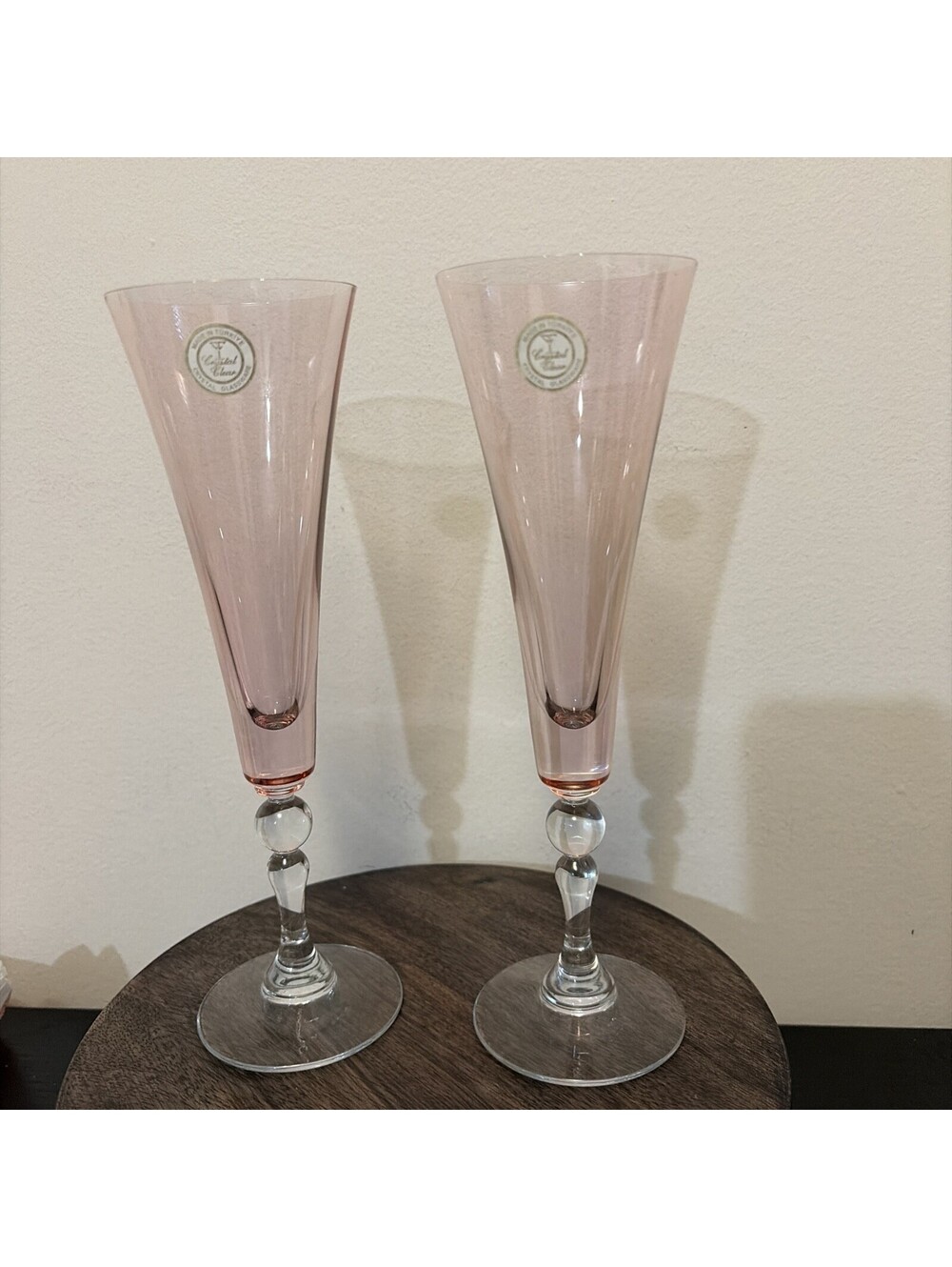 VTG Pair of Pink Crystal Fluted Toasting Glasses Avon Sales Representative Award